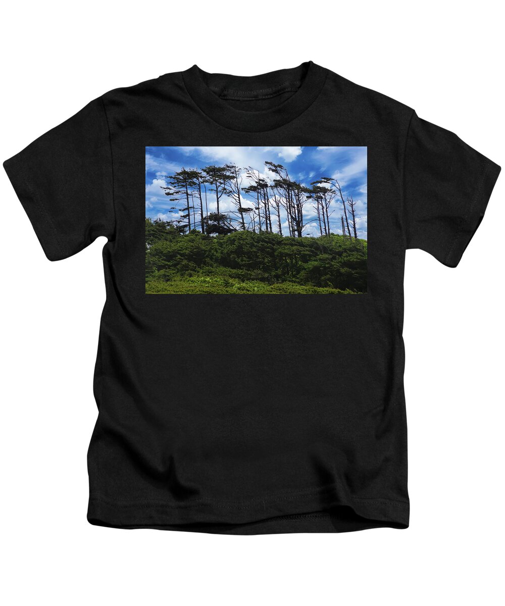 Beach Kids T-Shirt featuring the photograph Silhouettes of wind sculpted Krumholz trees by Steve Estvanik