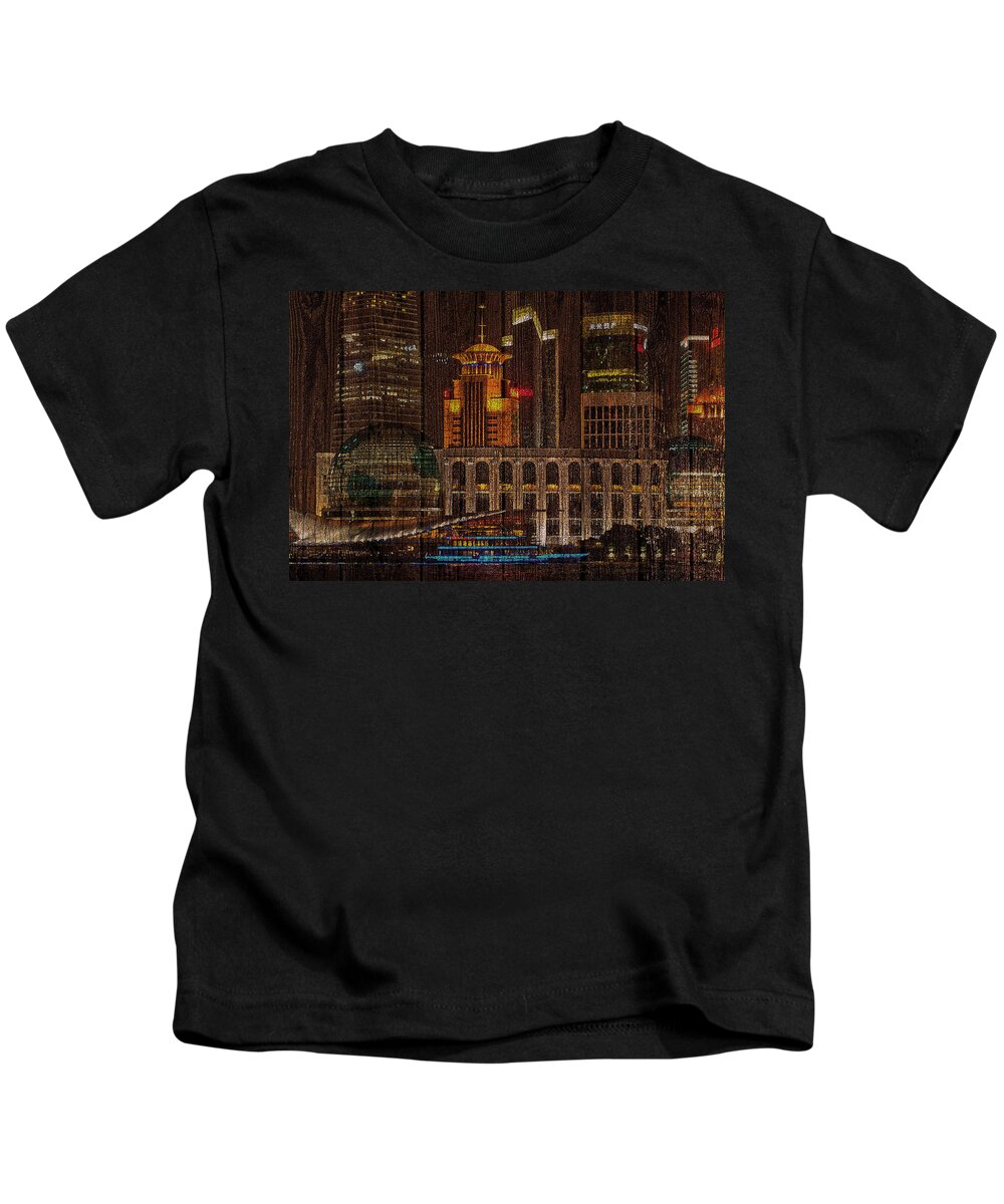 Shanghai Kids T-Shirt featuring the mixed media Skyline of Shanghai, China on Wood by Alex Mir