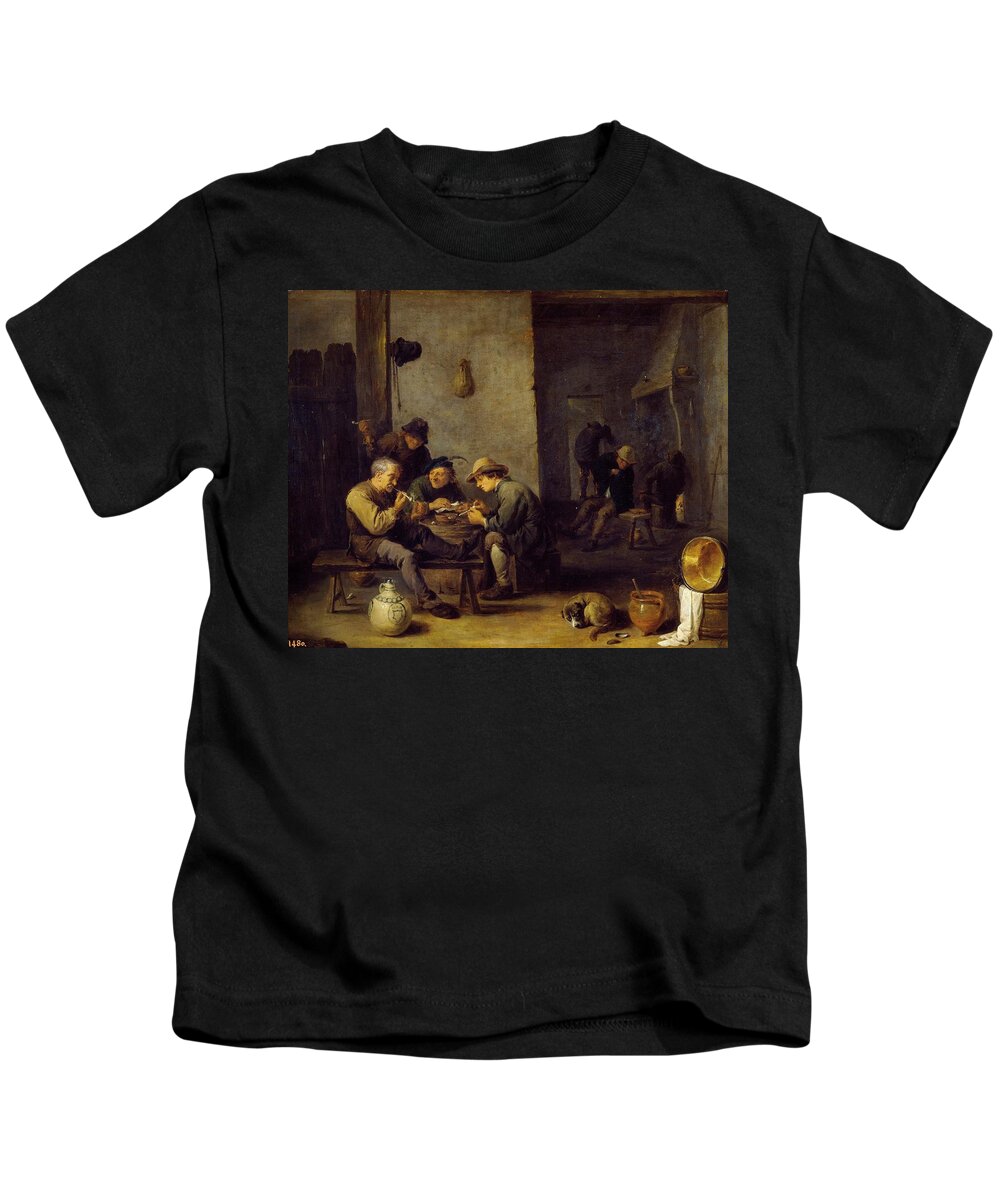 David Teniers The Younger Kids T-Shirt featuring the painting 'Smokers in a tavern', 1631-1640, Flemish School, Oil on panel, 52 cm x 65 cm, P0... by David Teniers the Younger -1610-1690-