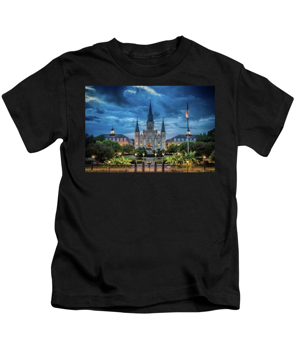 French Quarter Kids T-Shirt featuring the photograph St Louis Cathedral at Night by Susan Rissi Tregoning