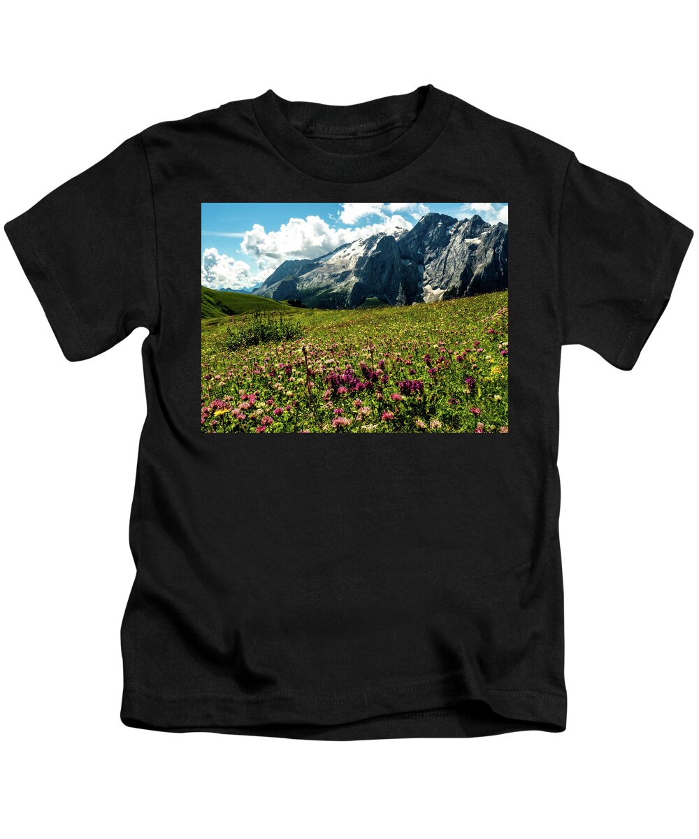 Dolomites Kids T-Shirt featuring the photograph Summer Trek in the Dolomites, Italy by Leslie Struxness