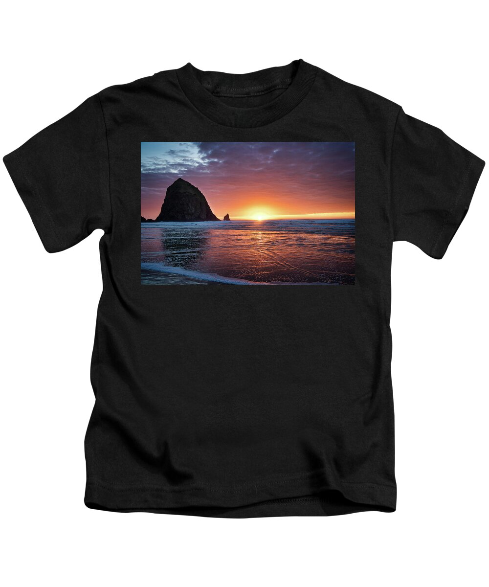 Sunset Kids T-Shirt featuring the photograph Sunset at the Rock - Cannon Beach by Jeanette Mahoney