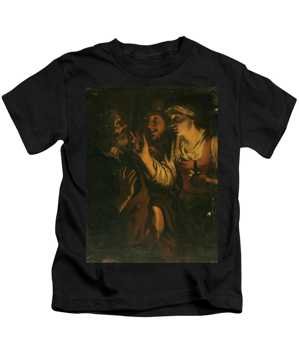 Saint Peter Kids T-Shirt featuring the painting 'The Denial of Saint Peter', 17th century, Dutch ... by Gerard van Honthorst -1592-1656-