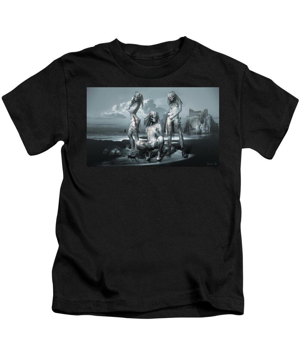 Surrealism Art Gothic Neosurrealism Goth Fantasy Landscape Artist Digital 3d Photography Matte Painting Computer Kids T-Shirt featuring the digital art The three graces Gods and heroes series by George Grie