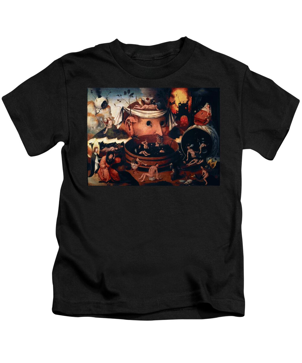 Hieronymus Bosch Kids T-Shirt featuring the painting The Vision of Tondal, oil on tablet, 54 cm x 72 cm. by Hieronymus Bosch -c 1450-1516-