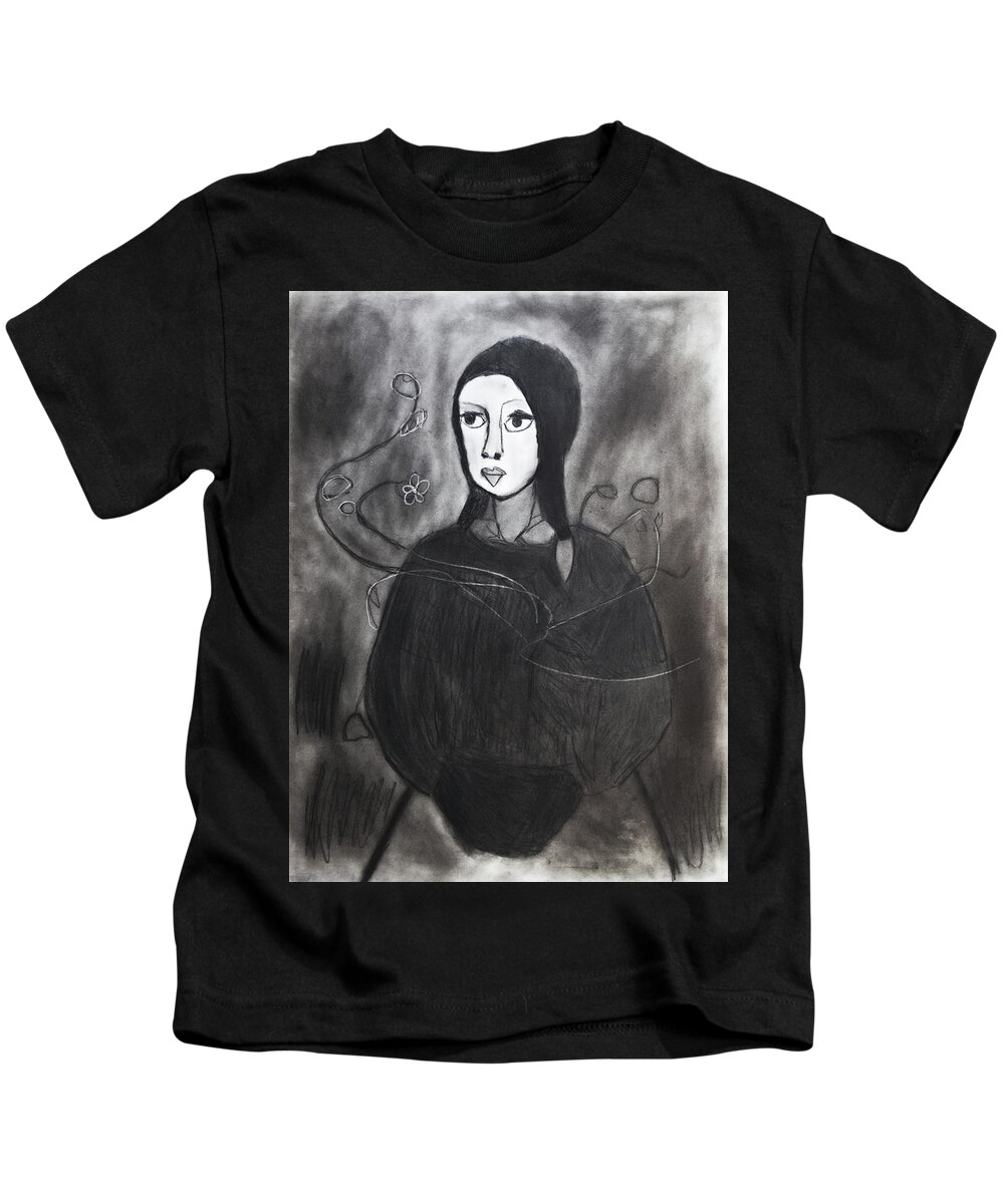 Charcoal Art Kids T-Shirt featuring the drawing Tranquility by Nadija Armusik