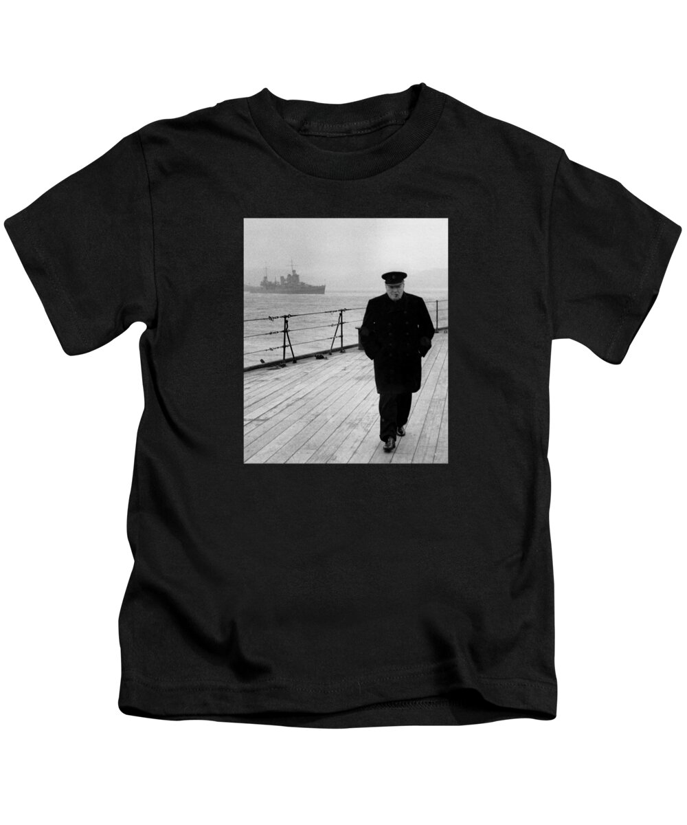 Winston Churchill Kids T-Shirt featuring the photograph Winston Churchill At Sea by War Is Hell Store