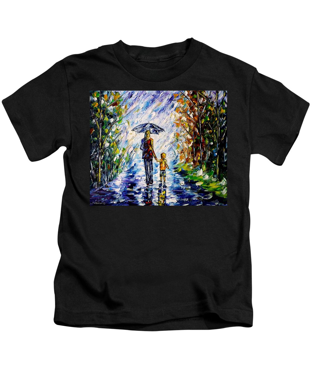Mother And Child Kids T-Shirt featuring the painting Woman With Child In The Rain by Mirek Kuzniar