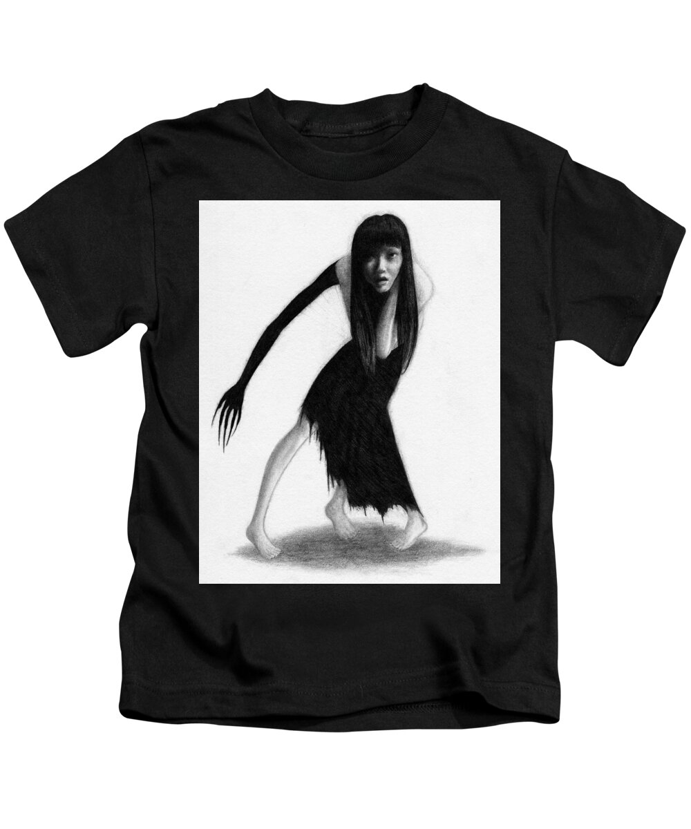 Horror Kids T-Shirt featuring the drawing Woman With The Black Arm Of Demon Ghost Artwork by Ryan Nieves