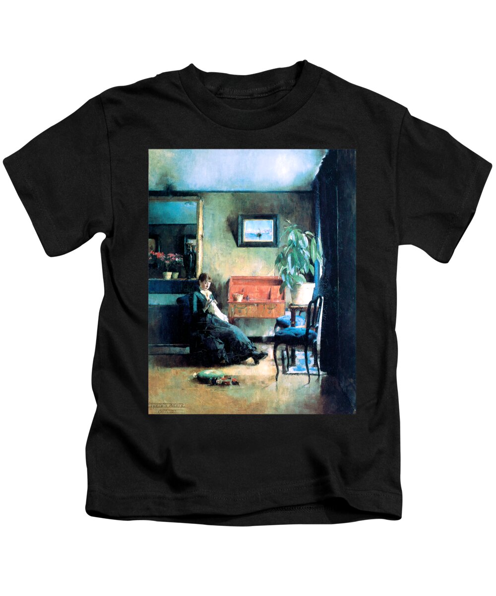 Backer Kids T-Shirt featuring the painting Blue Interior 1883 #1 by Harriet Backer
