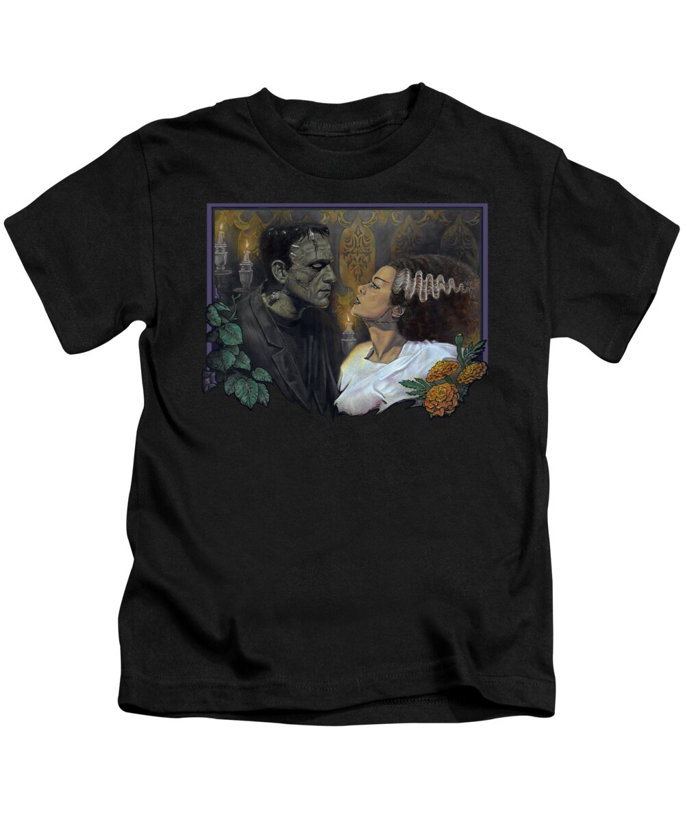 Frankenstein Kids T-Shirt featuring the mixed media Frankenstein's Monster and Bride #2 by Daniel Ayala