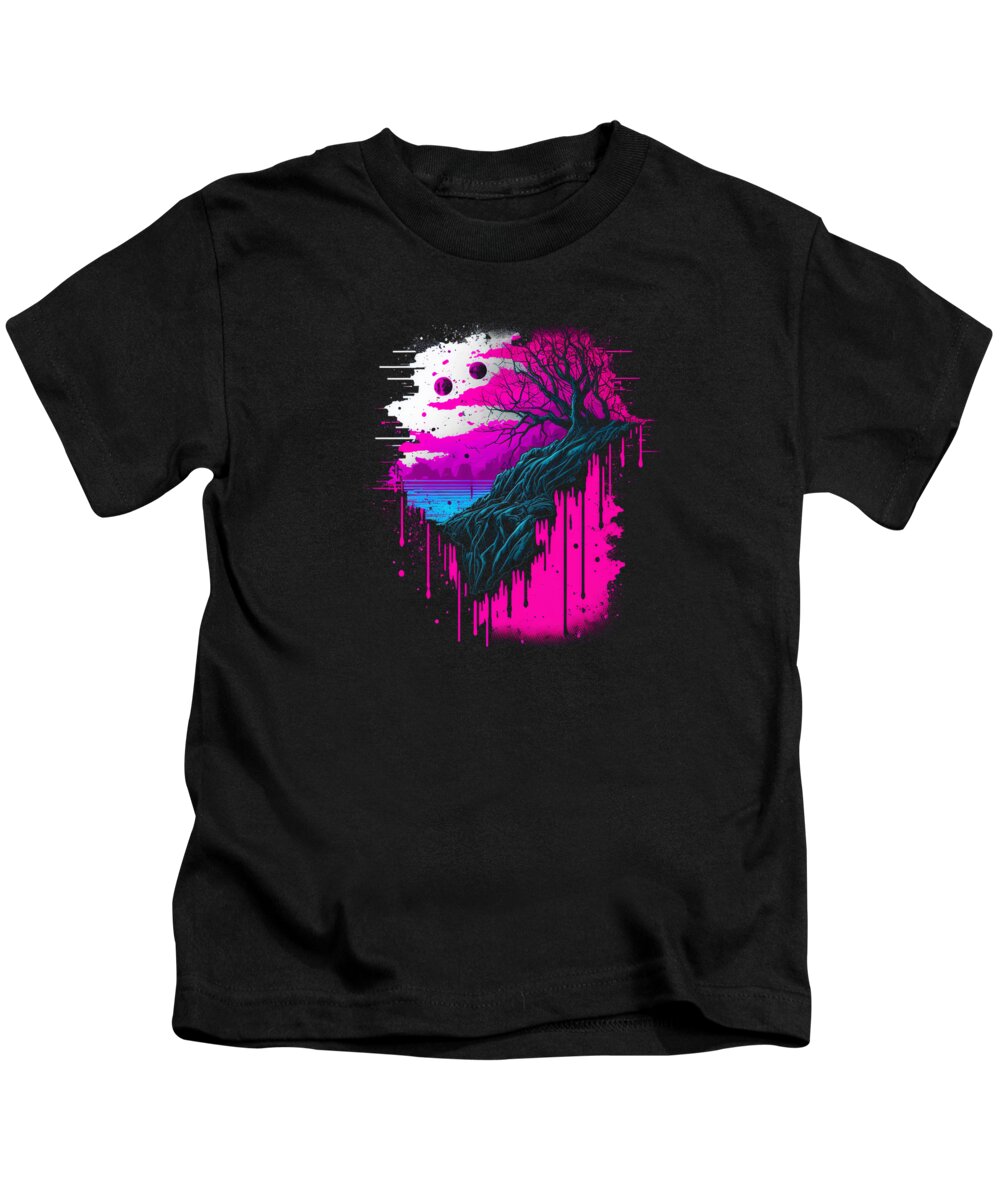 Vaporwave Kids T-Shirt featuring the digital art Vaporwave Abstract Landscape Moon Tree Waterfall Blue Purple #1 by Toms Tee Store