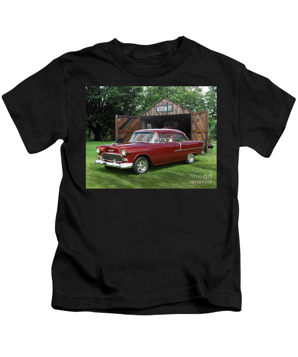 1955 Kids T-Shirt featuring the photograph 1955 Chevy 210 At Oman's Garage by Ron Long