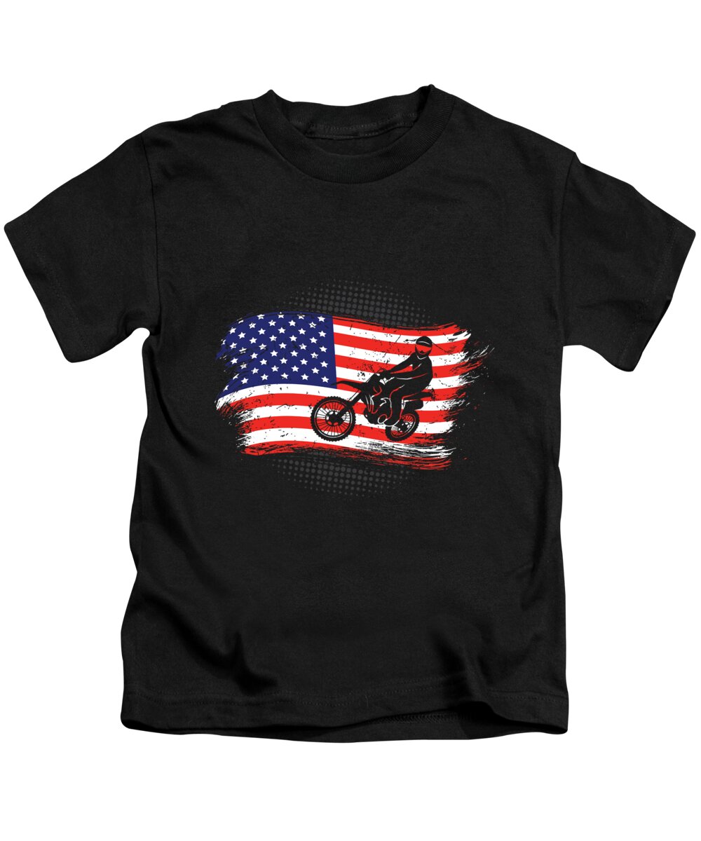 Dirtbike Kids T-Shirt featuring the digital art Motocross Dirt Bike USA American Flag by Jacob Zelazny