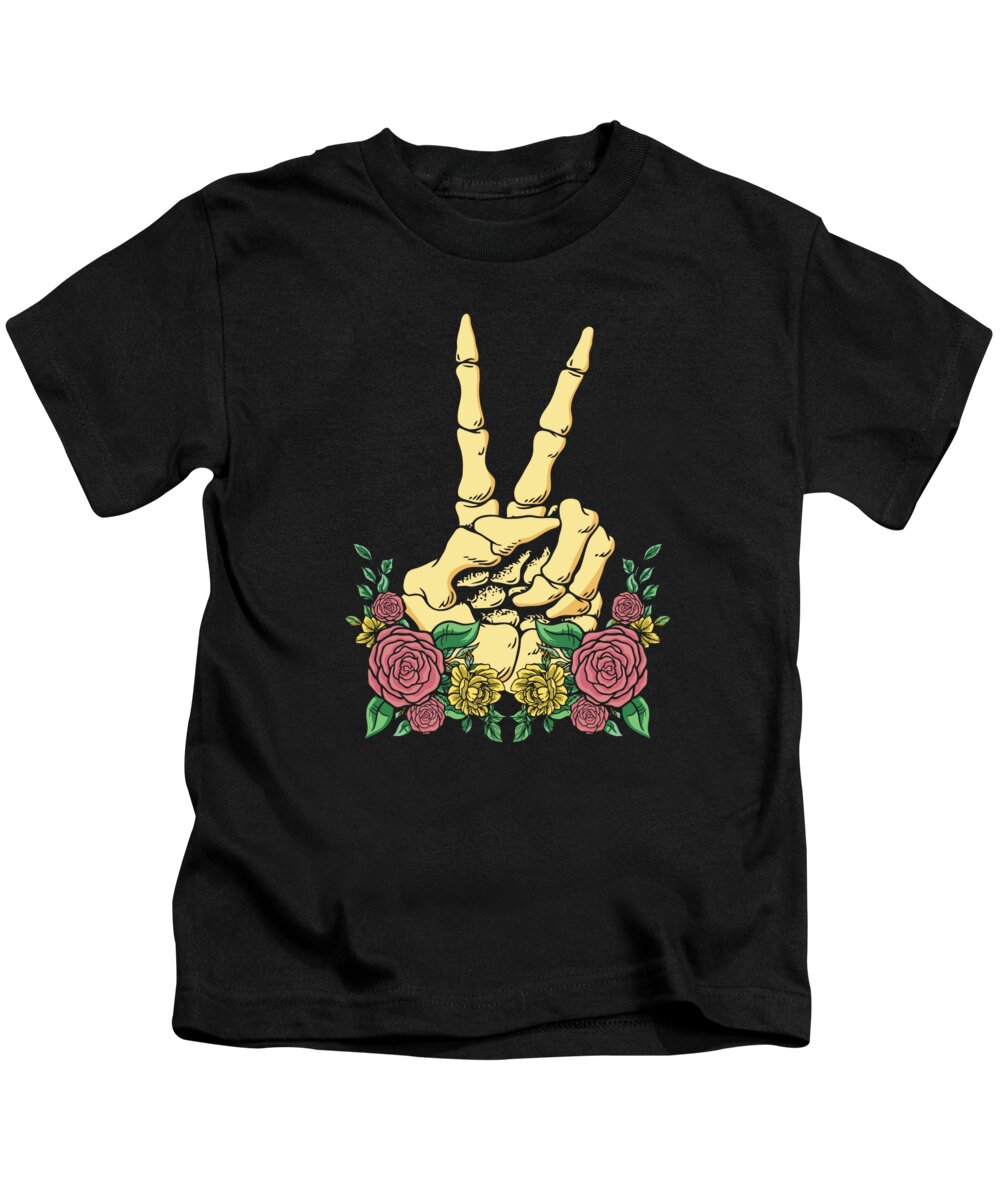 Peace Sign Kids T-Shirt featuring the digital art Peace Sign Skeleton Positivity Peace Lover Flowers #2 by Toms Tee Store