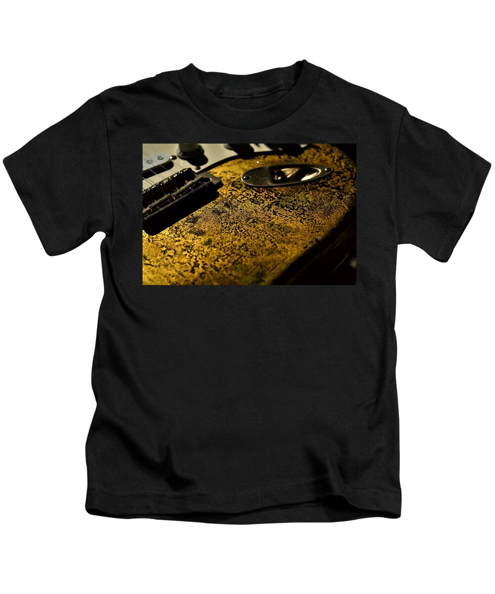Fender Kids T-Shirt featuring the photograph Fender Stratocaster Relic 24k Gold Leaf Relic Guitar Music by Guitarwacky Fine Art