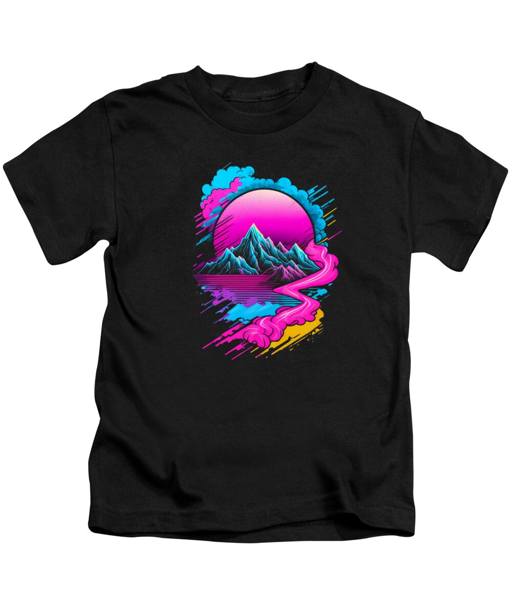 Vaporwave Kids T-Shirt featuring the digital art Vaporwave Abstract Landscape Moon Tree Waterfall Blue Purple #6 by Toms Tee Store