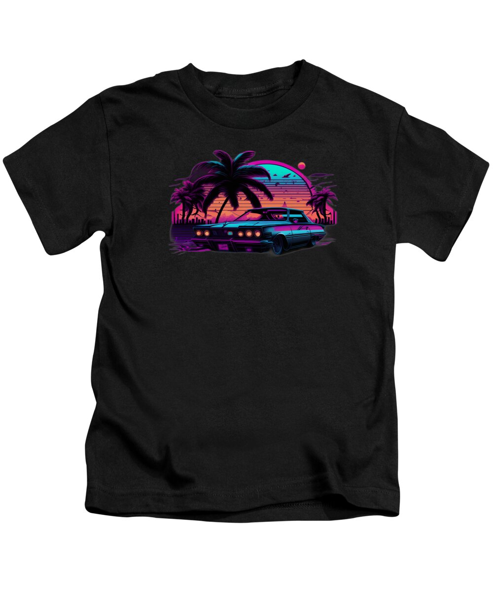 Synthwave Kids T-Shirt featuring the digital art Sunset and Car #7 by Quik Digicon Art Club
