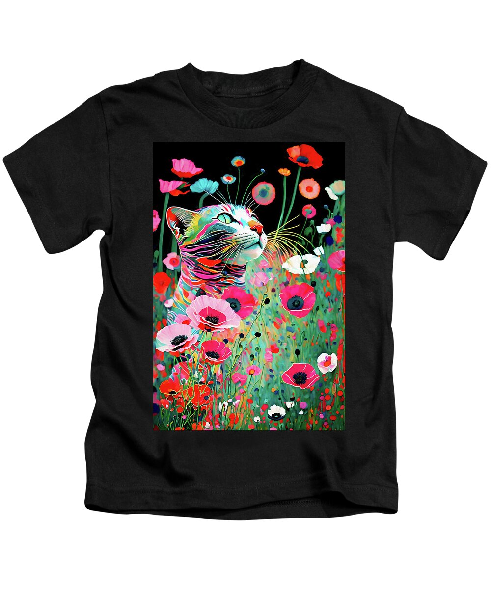 Cats Kids T-Shirt featuring the digital art A Cat in the Poppy Garden by Peggy Collins