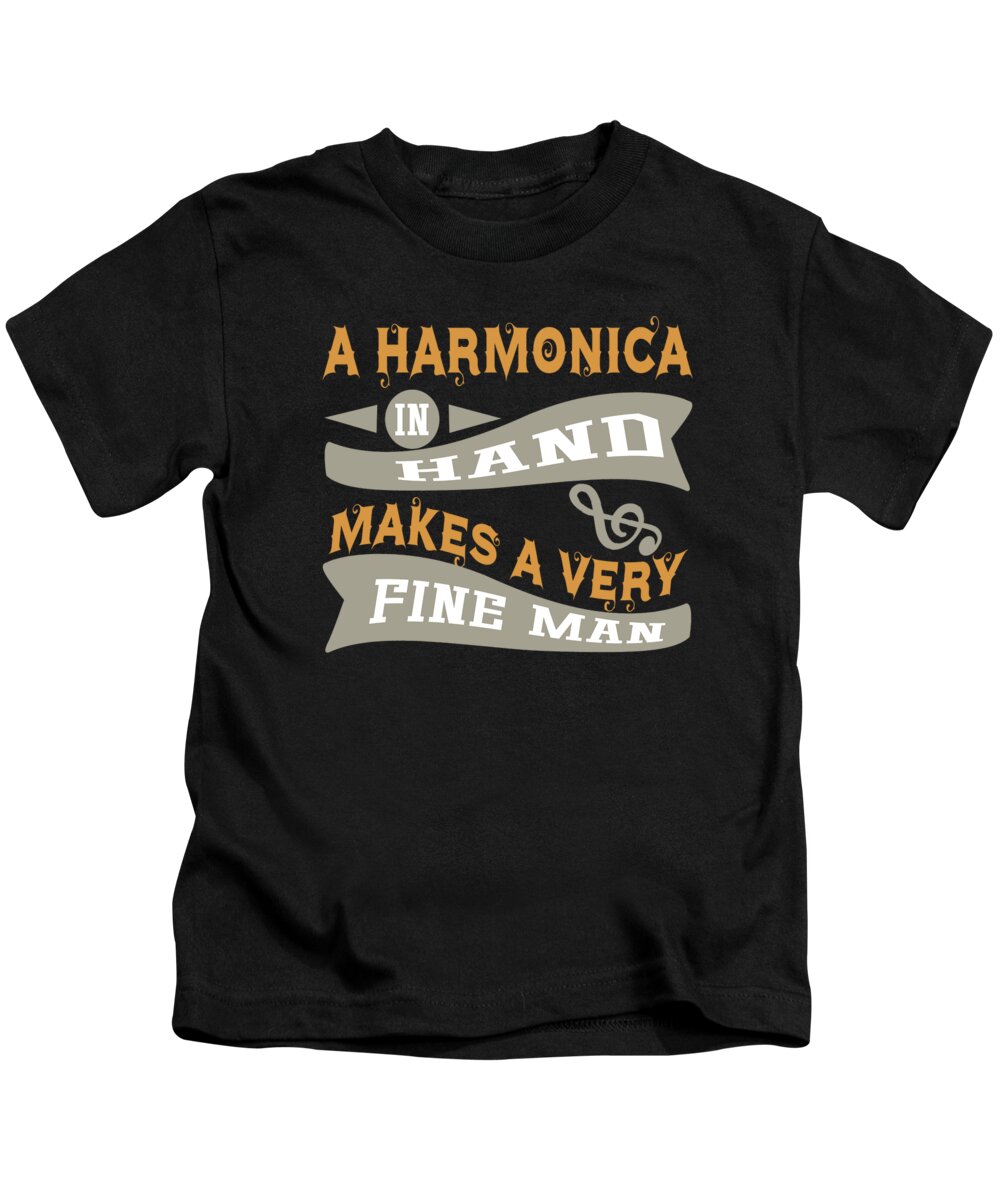 Harmonica Player Kids T-Shirt featuring the digital art A Harmonica in Hand Makes Very Fine Man by Jacob Zelazny