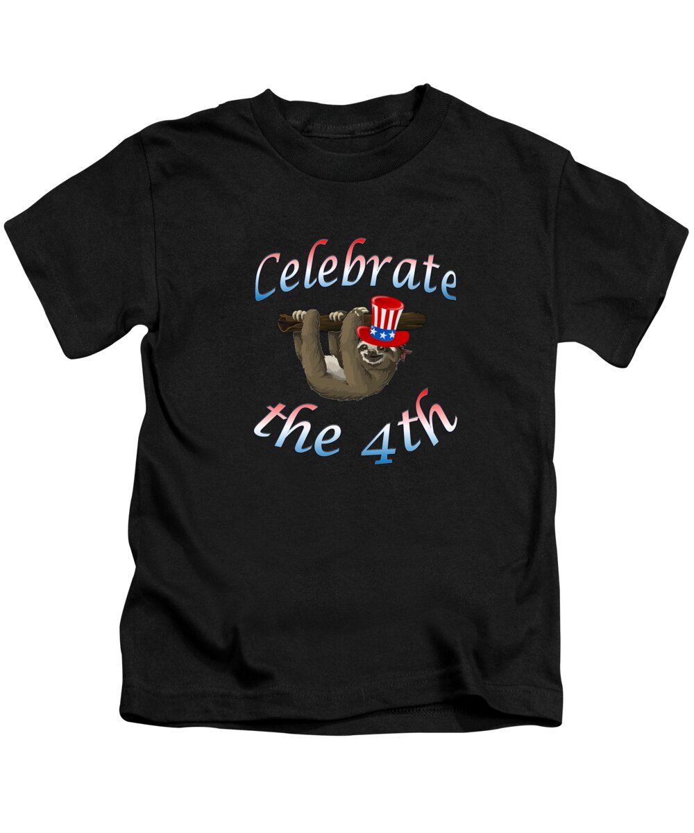 American Sloth Kids T-Shirt featuring the digital art American Sloth Celebrate the 4th by Ali Baucom