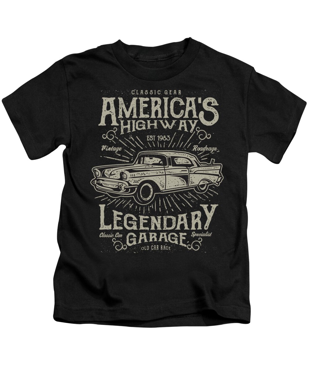 Race Kids T-Shirt featuring the digital art Americas Highway Legendary Garage by Jacob Zelazny