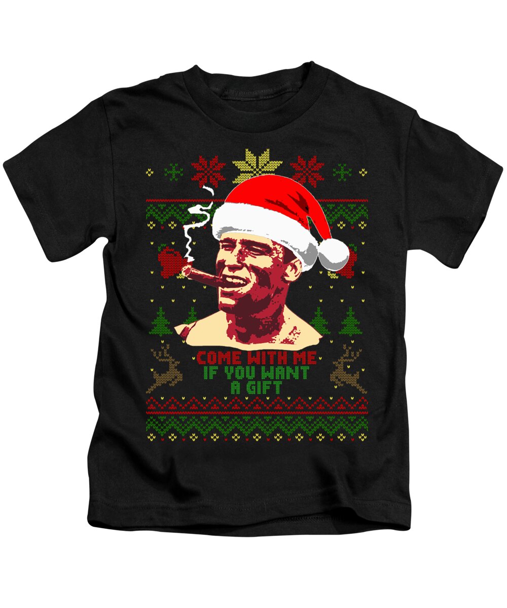 Santa Kids T-Shirt featuring the digital art Arnold Come With Me If You Want A Gift by Megan Miller