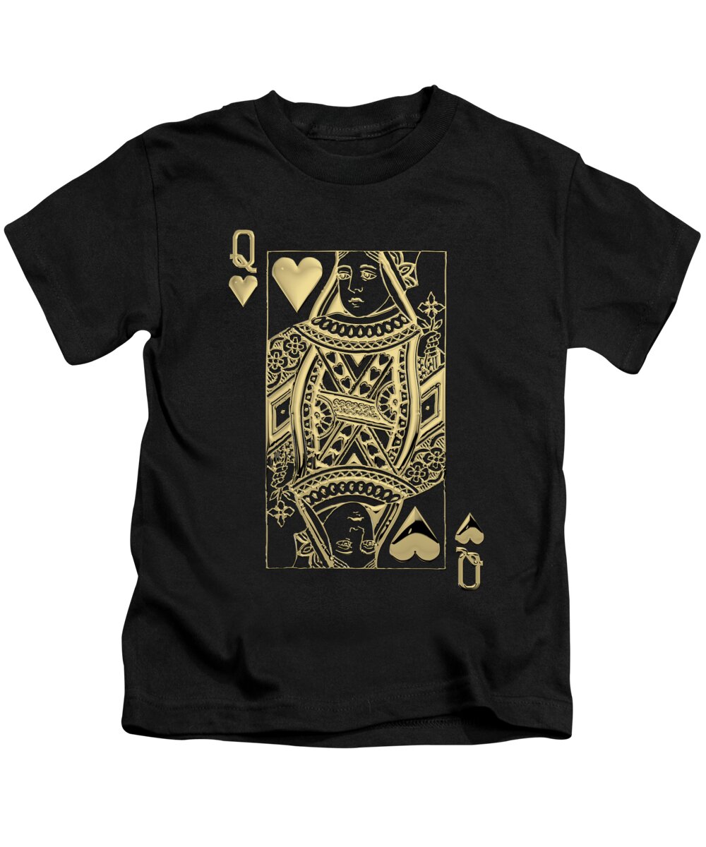 'gamble' Collection By Serge Averbukh Kids T-Shirt featuring the digital art Queen of Hearts in Gold on Black by Serge Averbukh