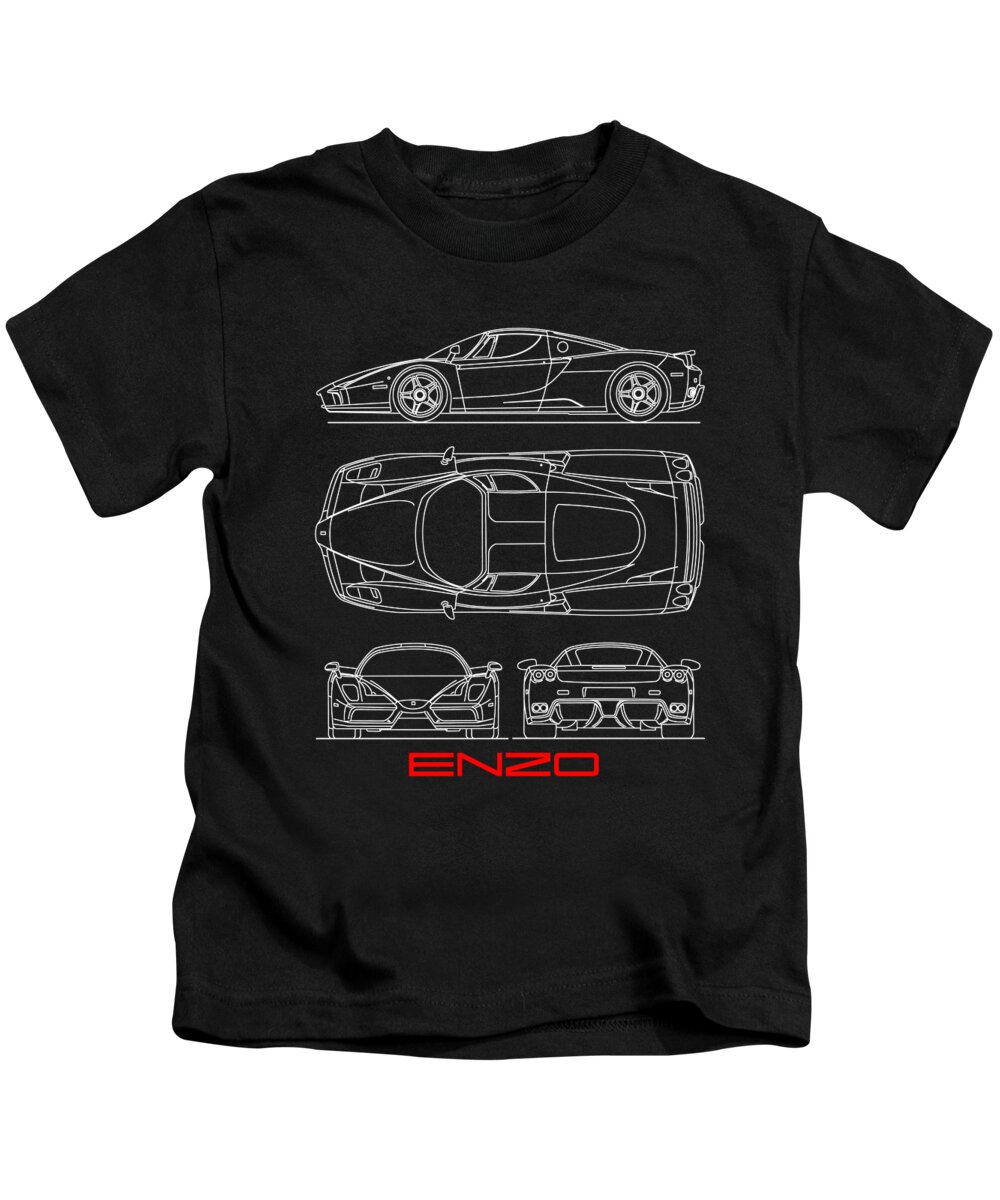 Enzo Ferrari Blueprint - Black Kids T-Shirt by Mark Rogan - Pixels
