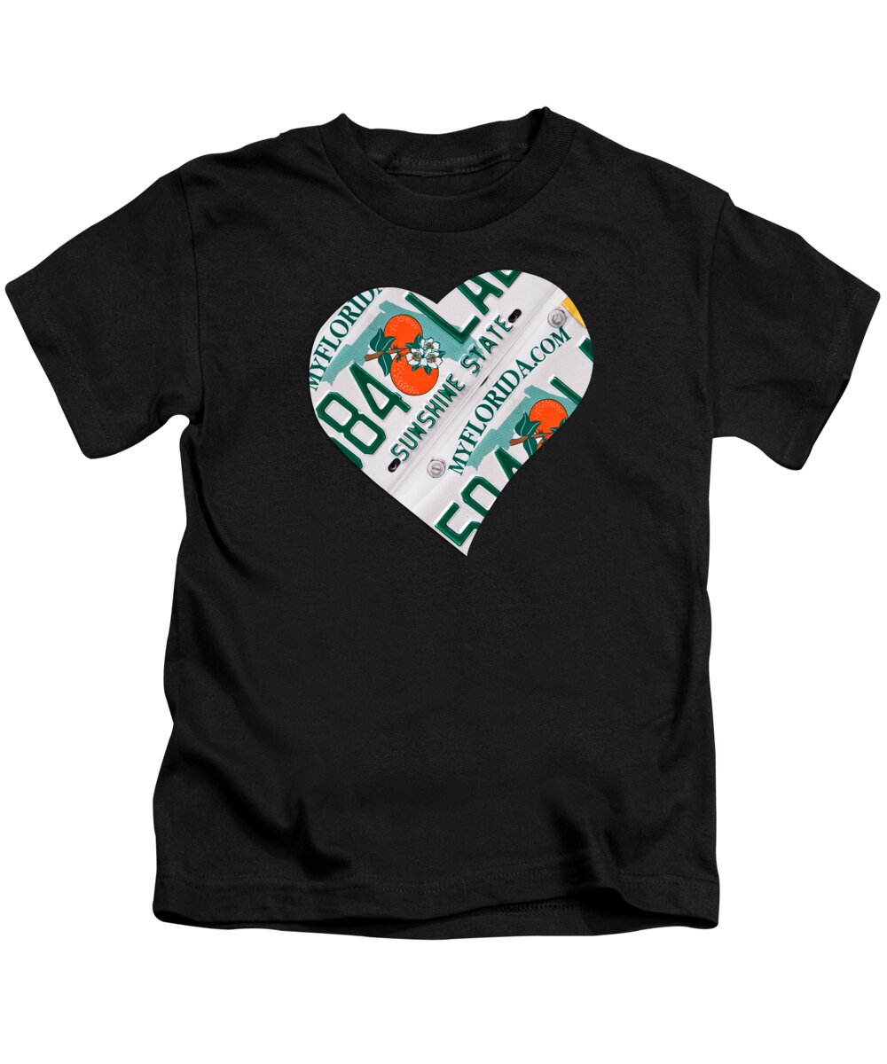 Florida Kids T-Shirt featuring the mixed media I Love Florida, license plates heart by Delphimages Photo Creations