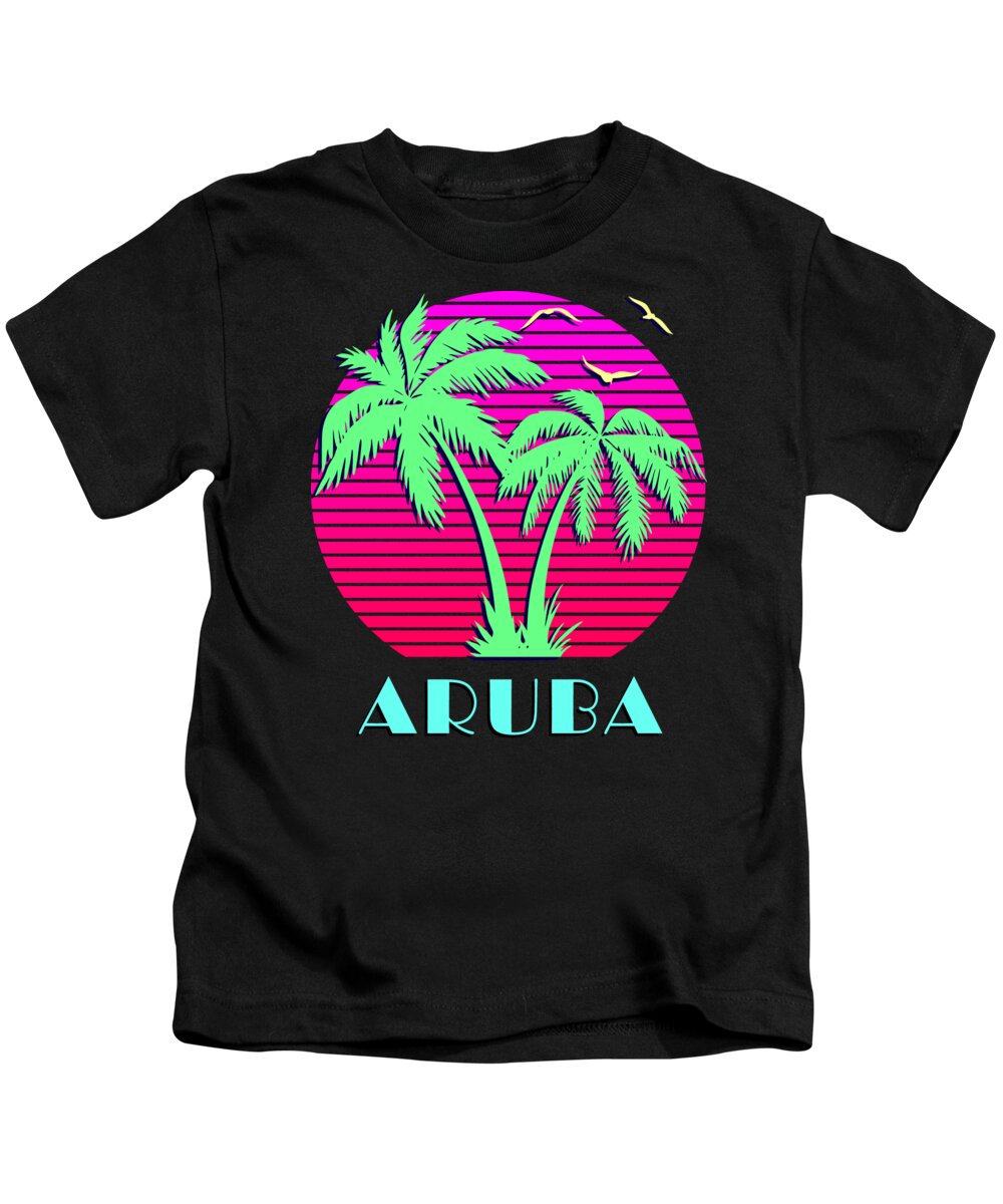 Classic Kids T-Shirt featuring the digital art Aruba Retro Palm Trees Sunset by Megan Miller