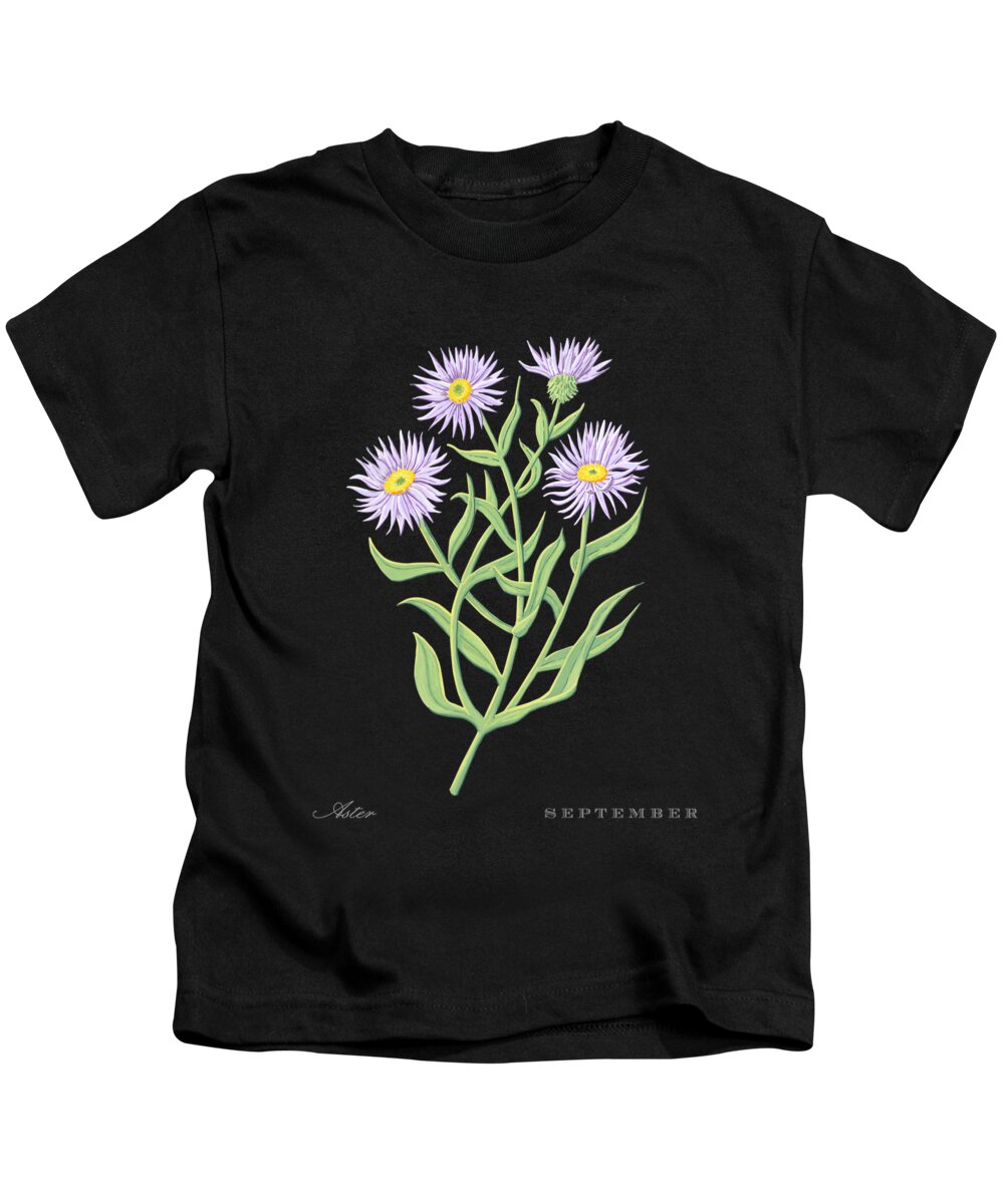 Aster Kids T-Shirt featuring the painting Aster September Birth Month Flower Botanical Print on Black - Art by Jen Montgomery by Jen Montgomery