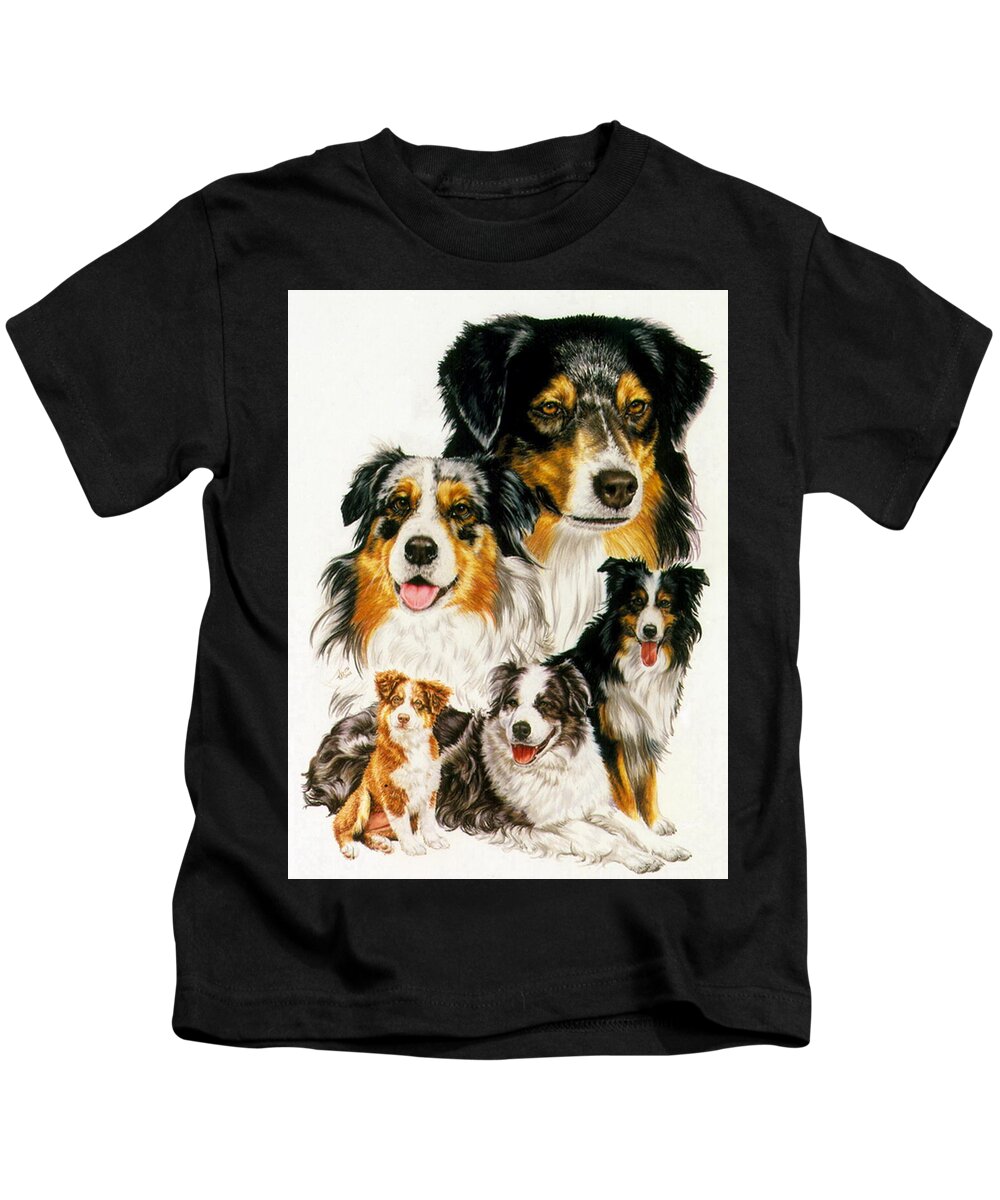 Purebred Kids T-Shirt featuring the drawing Australian Shepherd Collage by Barbara Keith