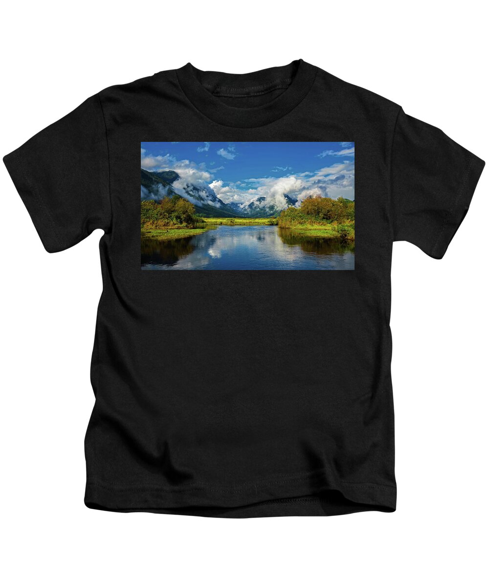 Alex Lyubar Kids T-Shirt featuring the photograph Autumn morning in a mountain valley by Alex Lyubar
