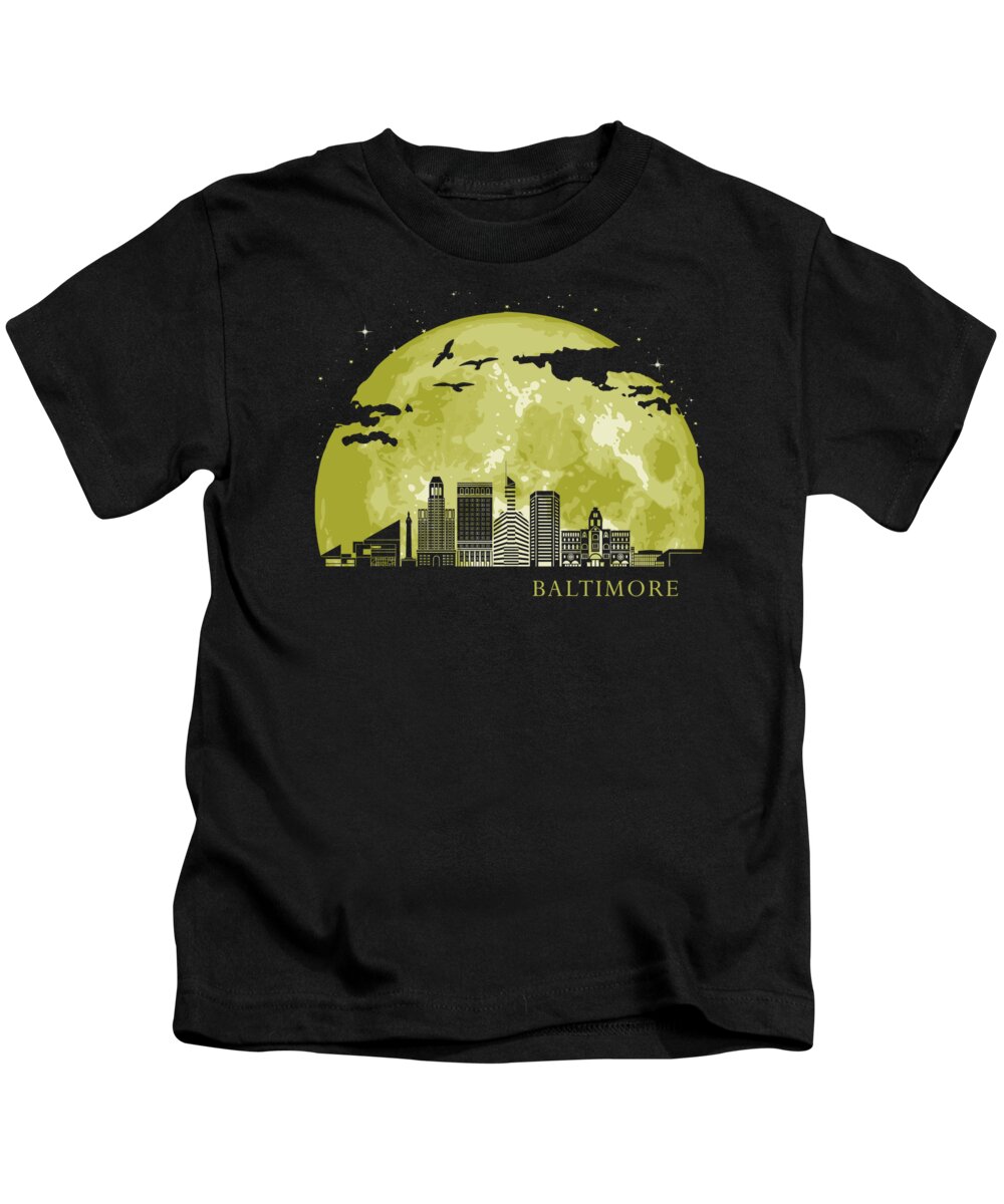 Maryland Kids T-Shirt featuring the digital art BALTIMORE Moon Light Night Stars Skyline by Megan Miller