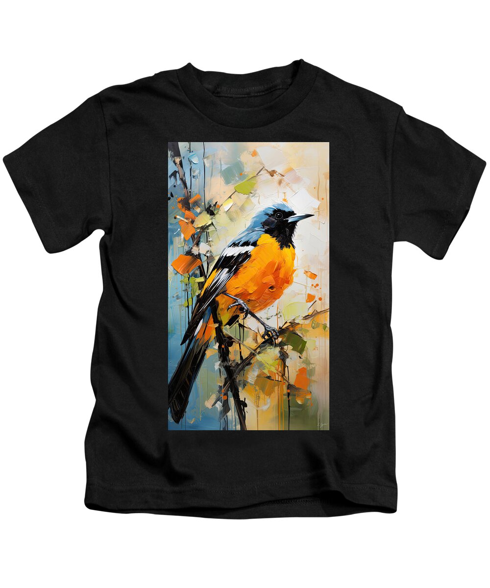 Baltimore Oriole Kids T-Shirt featuring the painting Baltimore Oriole Art- Baltimore Female Oriole Art by Lourry Legarde