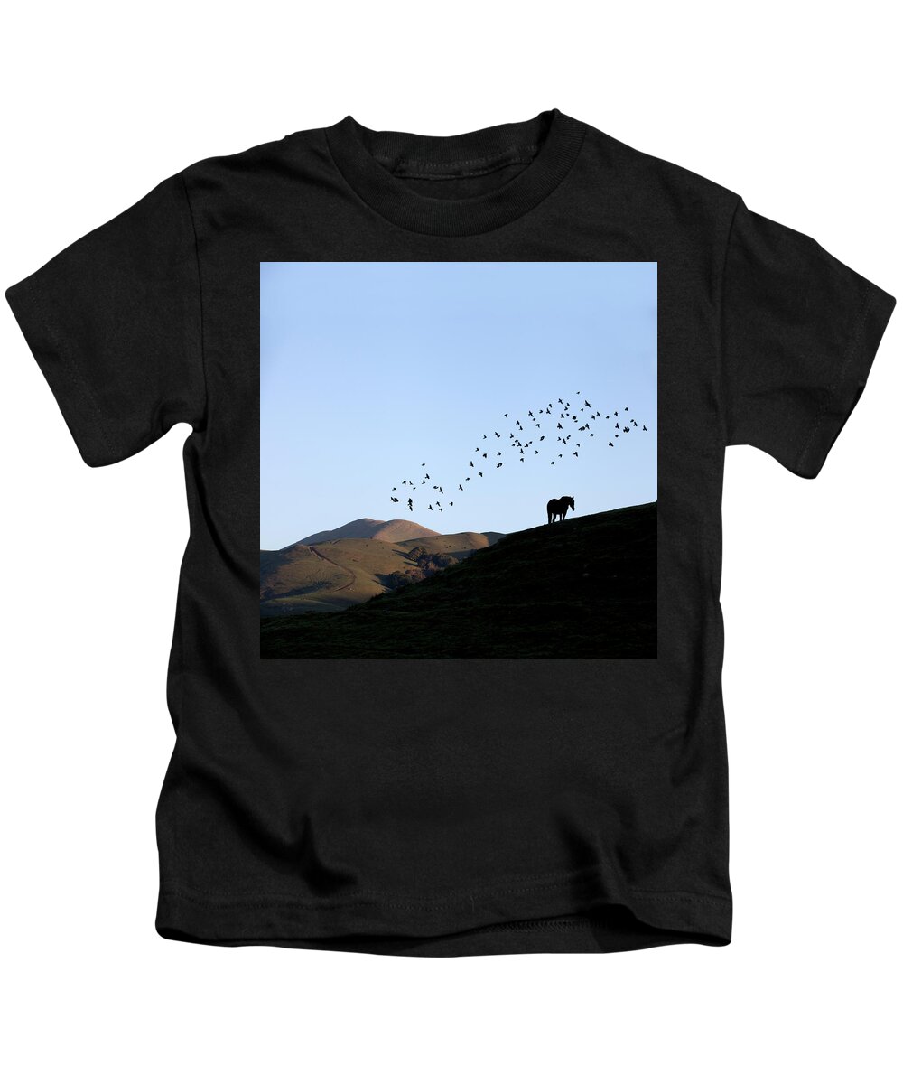 Birds Above Pasture Kids T-Shirt featuring the photograph Birds above pasture by Donald Kinney