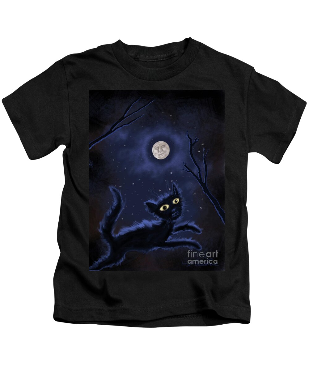 Cat Kids T-Shirt featuring the digital art Black Cat Full Moon by Valerie White