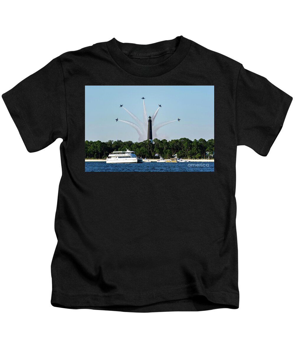 Blue Angels Kids T-Shirt featuring the photograph Blue Angels over Pensacola Lighthouse by Beachtown Views