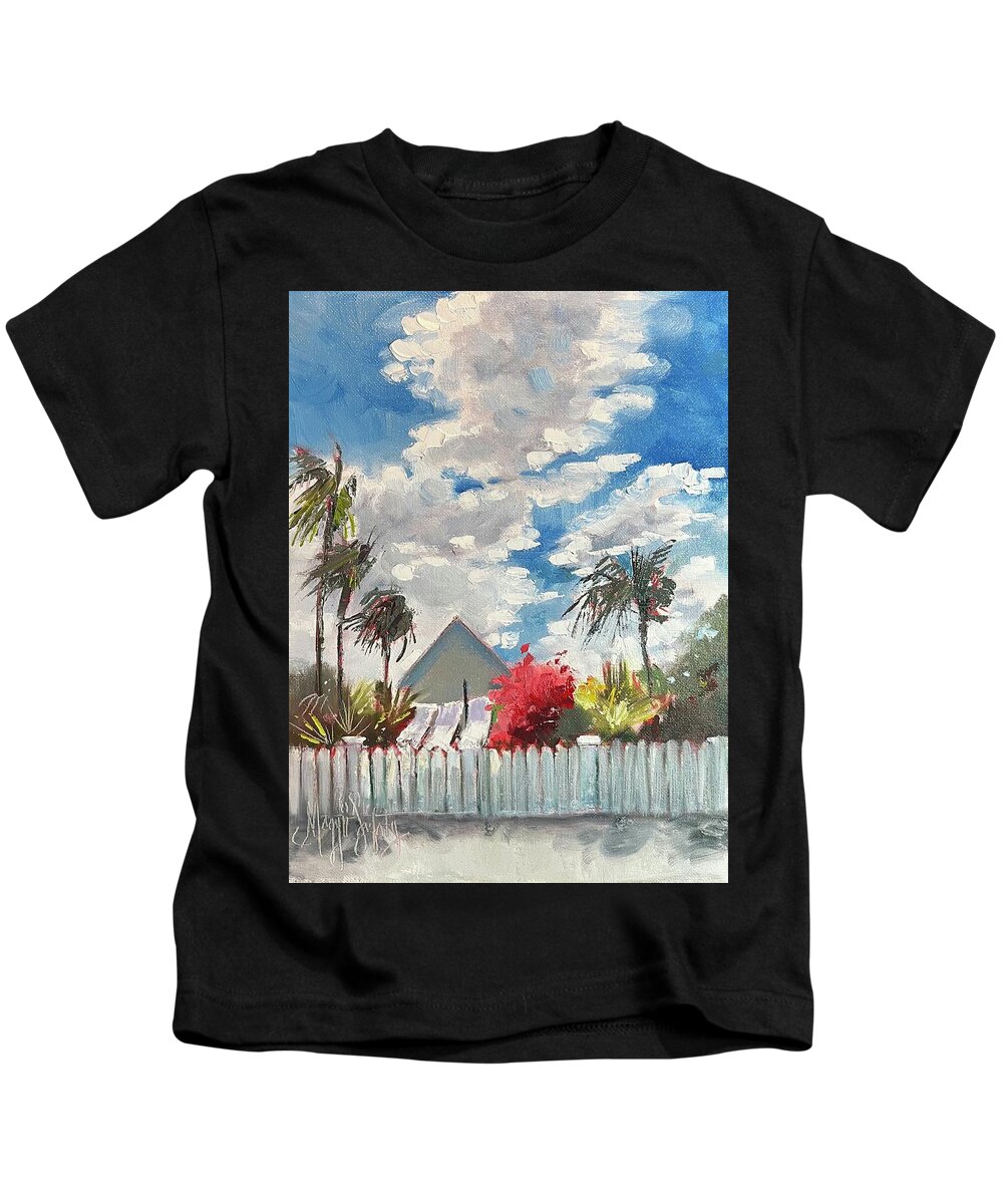 Blue Sky Kids T-Shirt featuring the painting Blue Skies and Laundry by Maggii Sarfaty