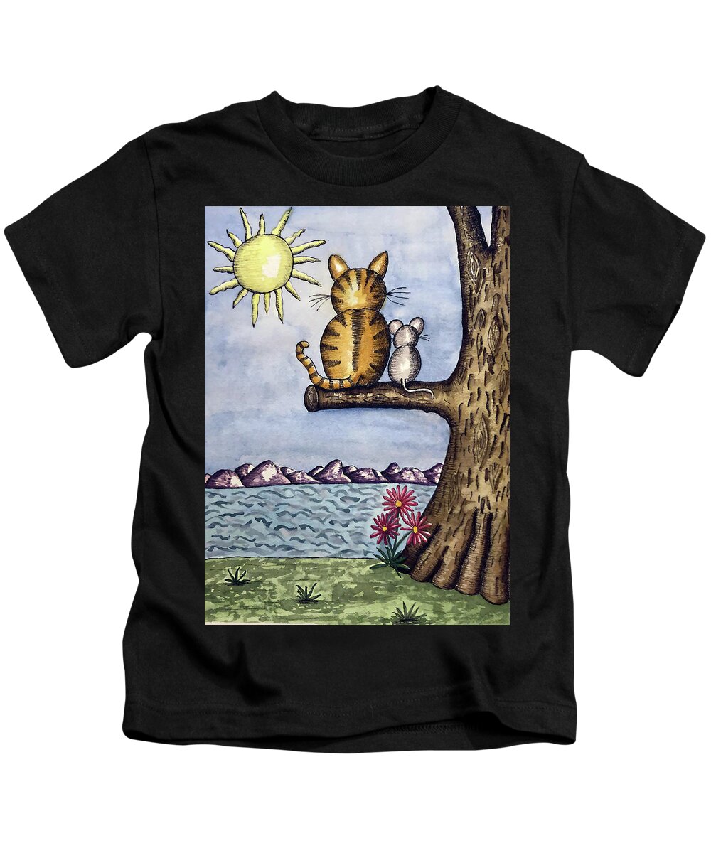 Childrens Art Kids T-Shirt featuring the painting Cat Mouse Sun by Christina Wedberg
