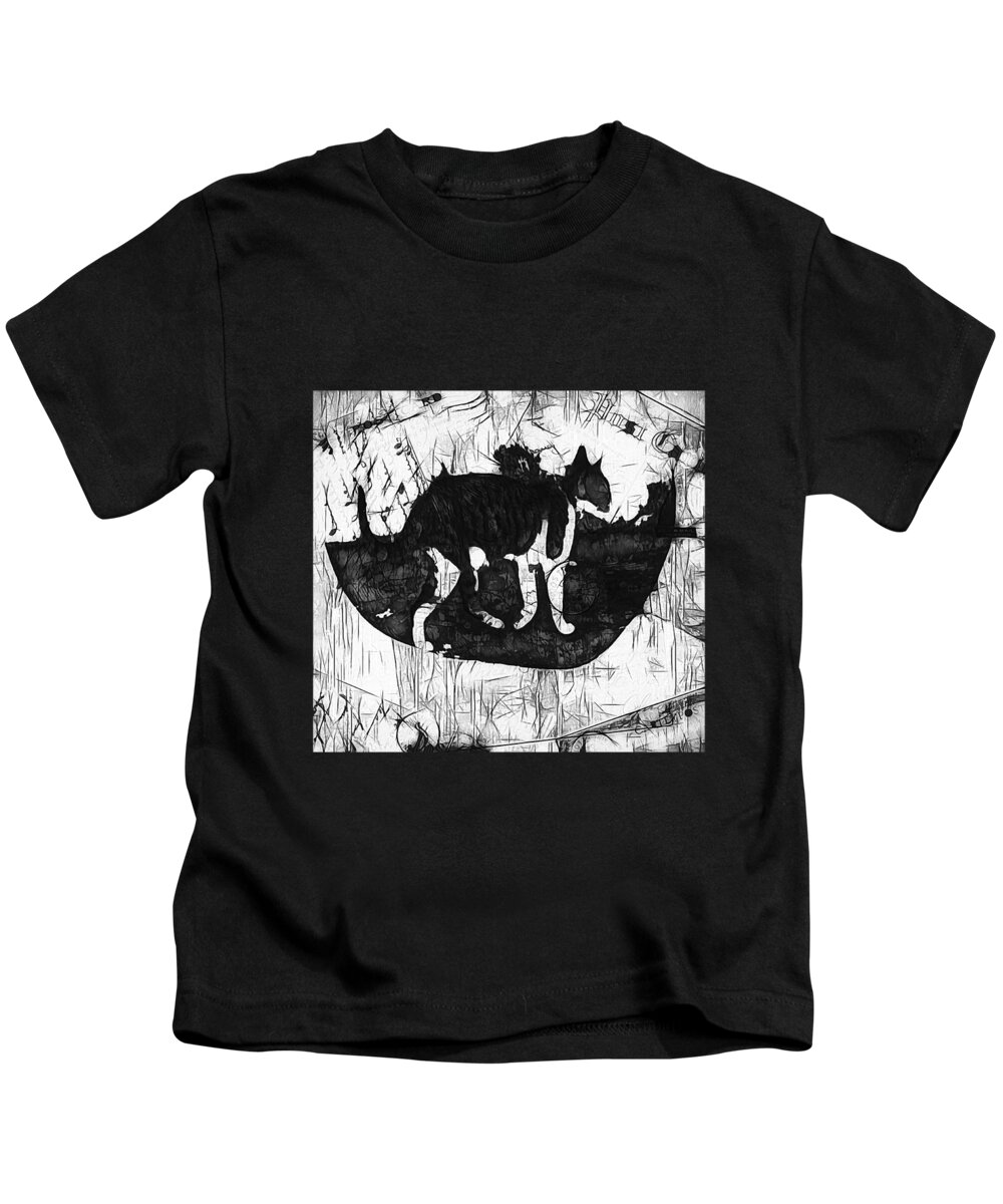 Cat Travels In Black And White Kids T-Shirt featuring the mixed media Cat Travels in Black and White by Kandy Hurley