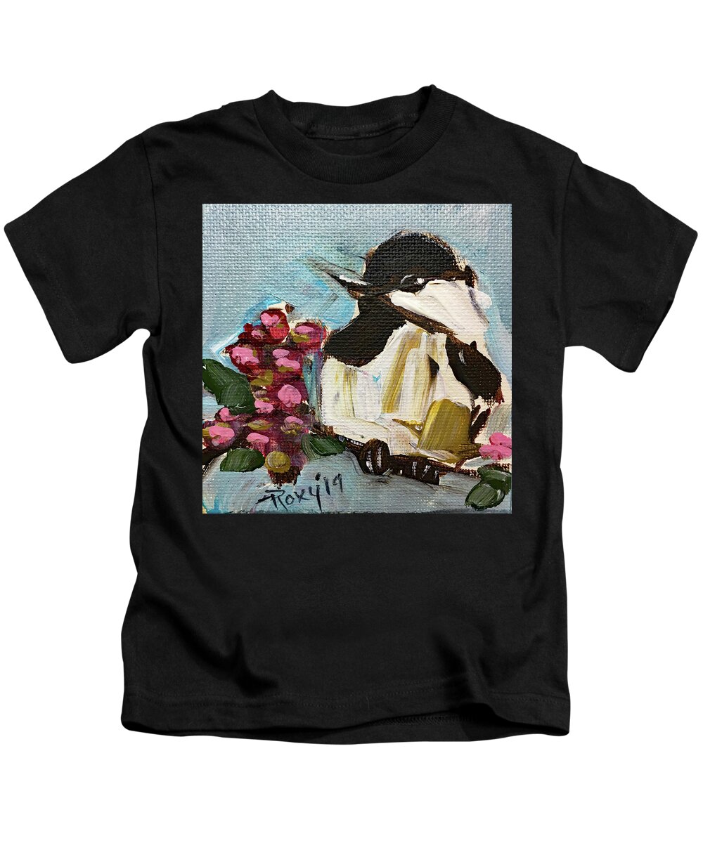 Chickadee Kids T-Shirt featuring the painting Chickadee with Pink Berries by Roxy Rich