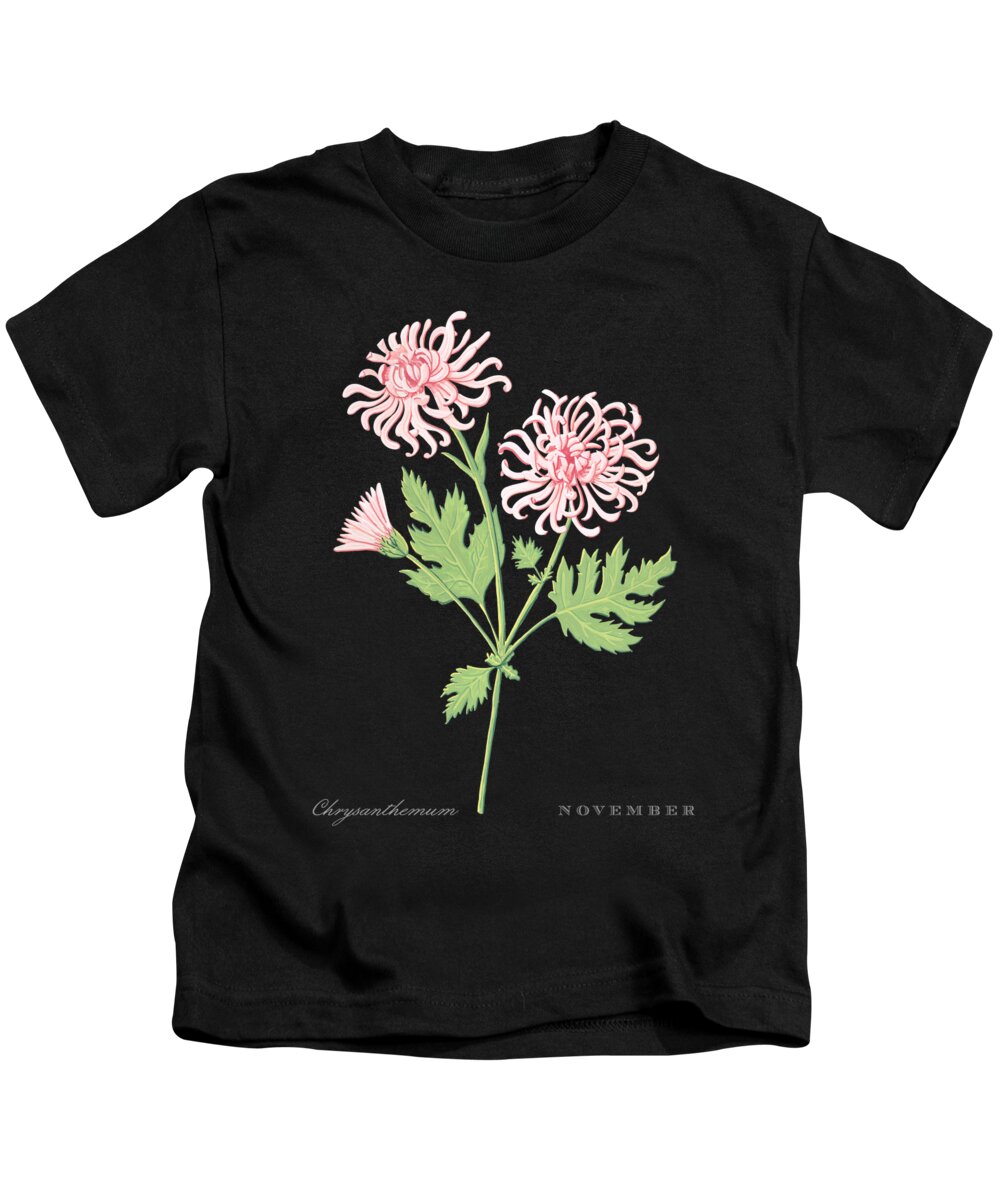 Chrysanthemum Kids T-Shirt featuring the painting Chrysanthemum November Birth Month Flower Botanical Print on Black - Art by Jen Montgomery by Jen Montgomery