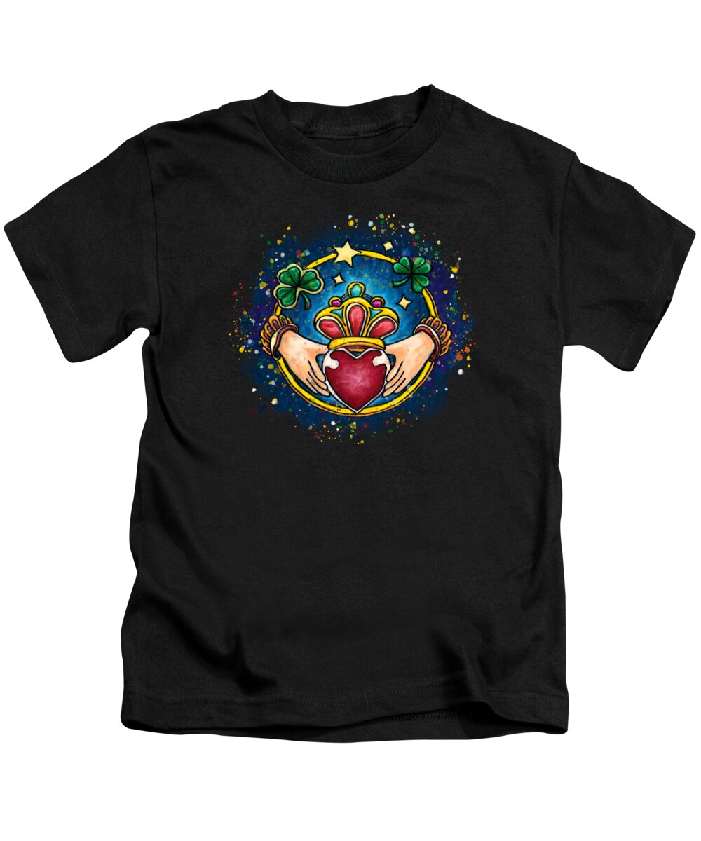 Claddagh Kids T-Shirt featuring the painting Claddagh ring on black background, Ireland engagement ring by Nadia CHEVREL