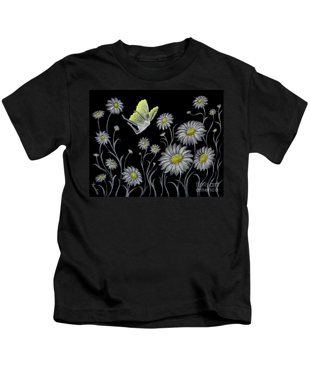  Daisy Kids T-Shirt featuring the drawing Dancing with Daisies by Yoonhee Ko