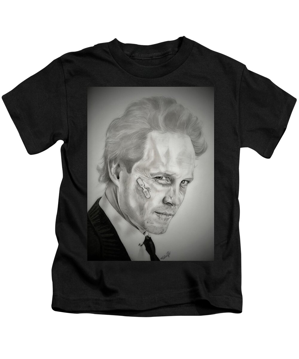 Dean Winters Kids T-Shirt featuring the drawing Dean Winters - Mayhem - Black and White Edition by Fred Larucci
