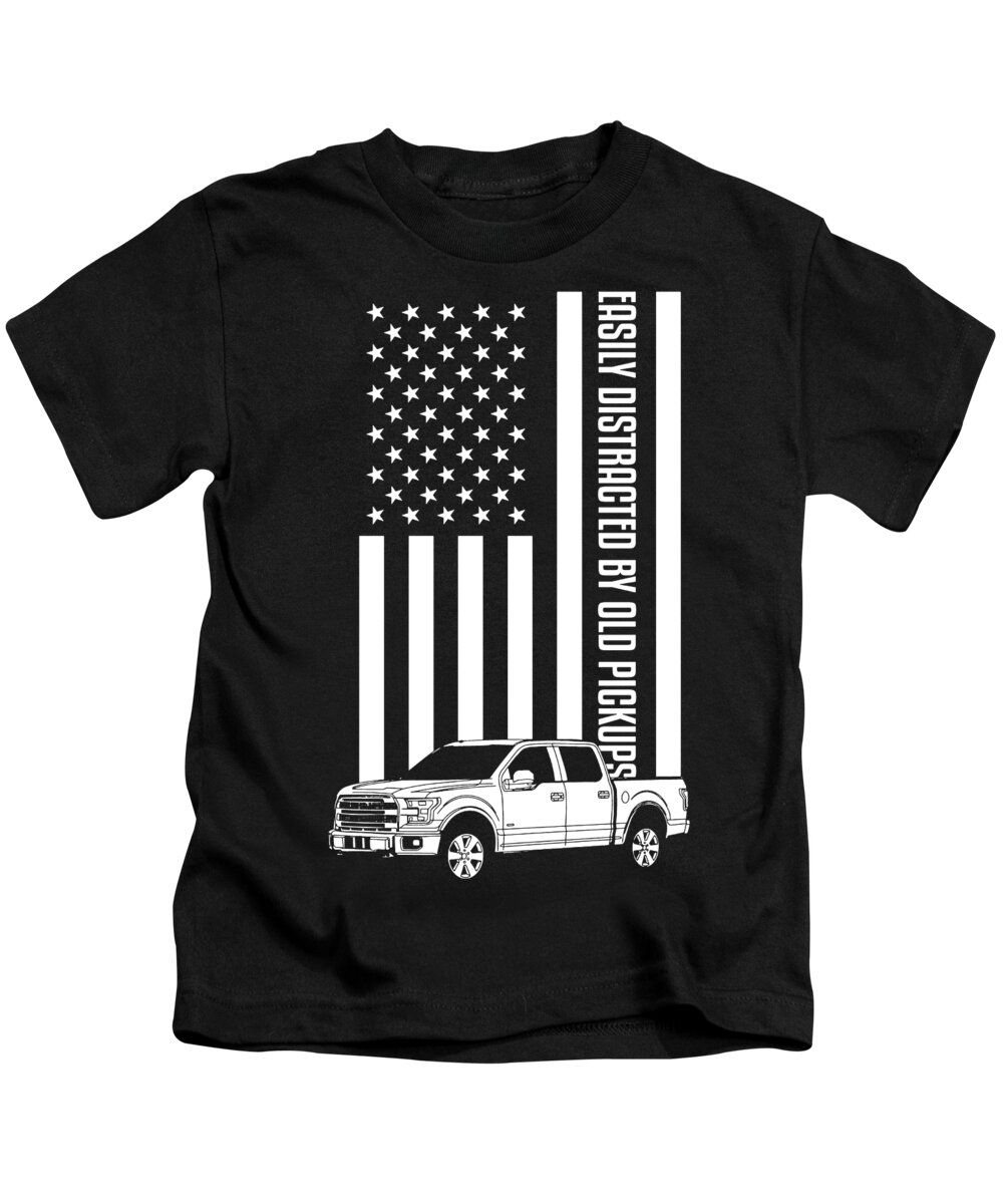 Easily Kids T-Shirt featuring the drawing Easily Distracted By Old Pickup Trucks American Flag Vintage Long Sleeve T-Shirt by Julien