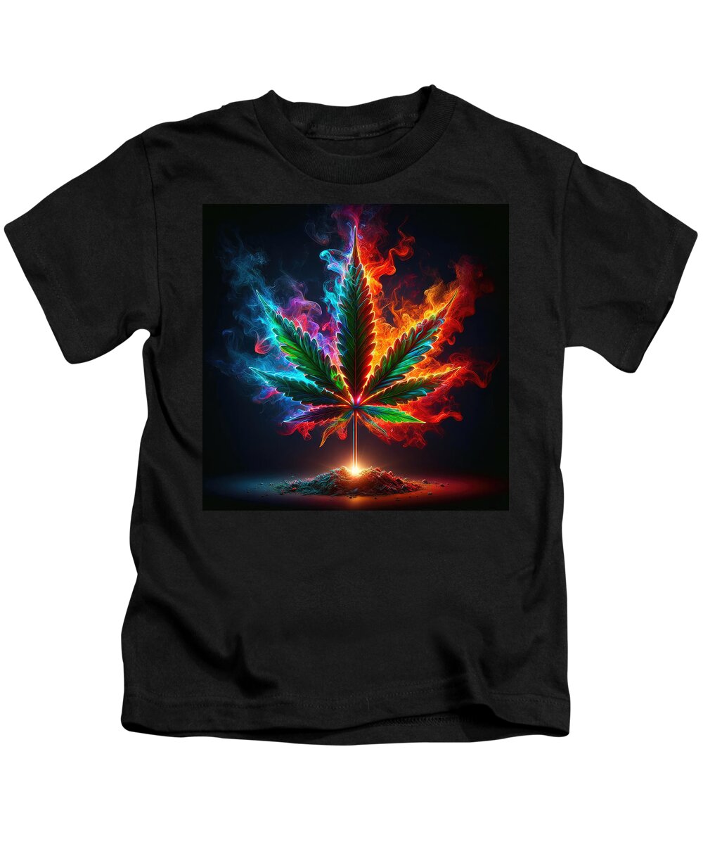 Cannabis Leaf Kids T-Shirt featuring the digital art Flames of Tranquility by Bill and Linda Tiepelman