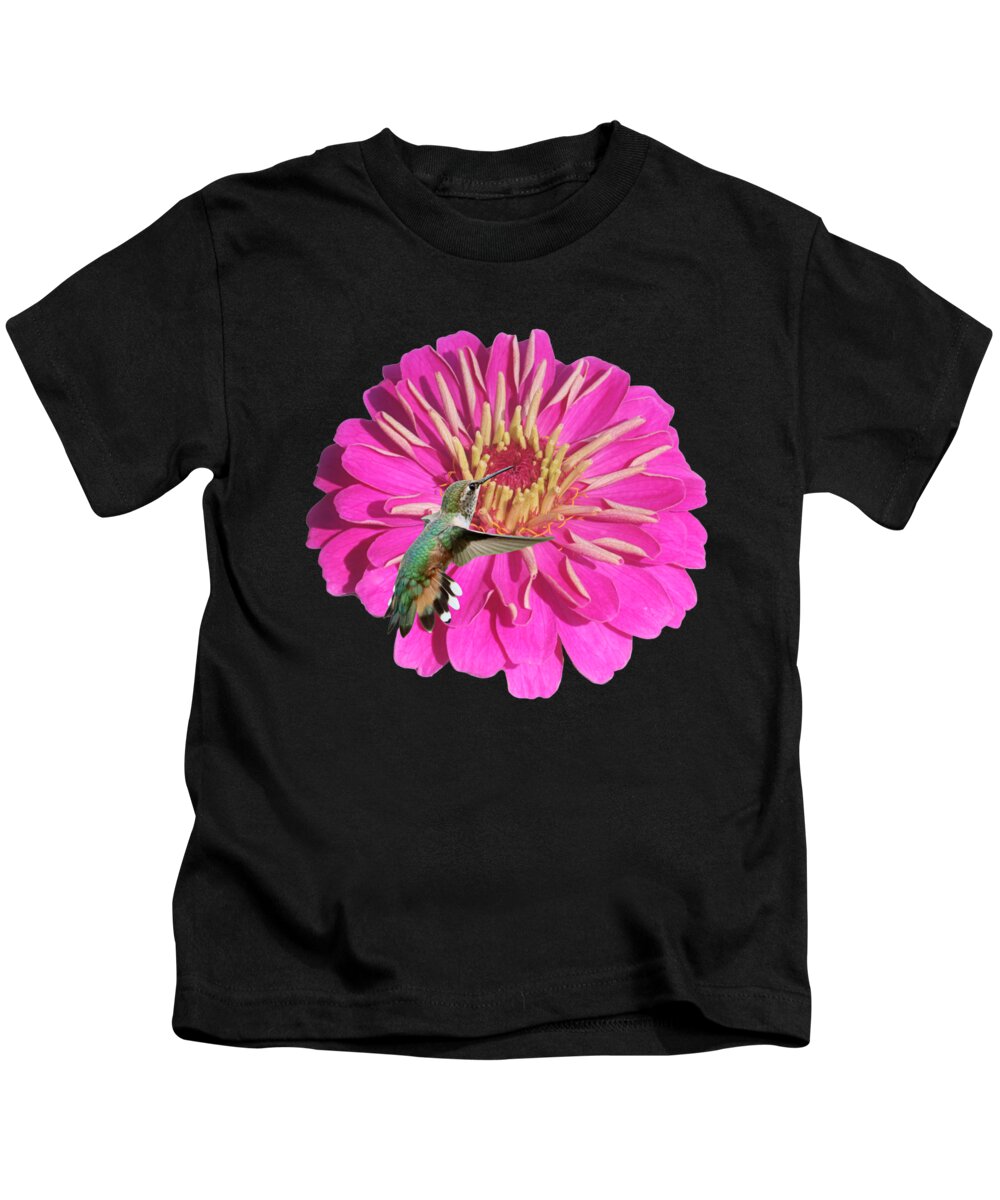 Hummingbird On Flower Kids T-Shirt featuring the photograph Flower Power - Pink Zinnia with Hummingbird by Carol Groenen